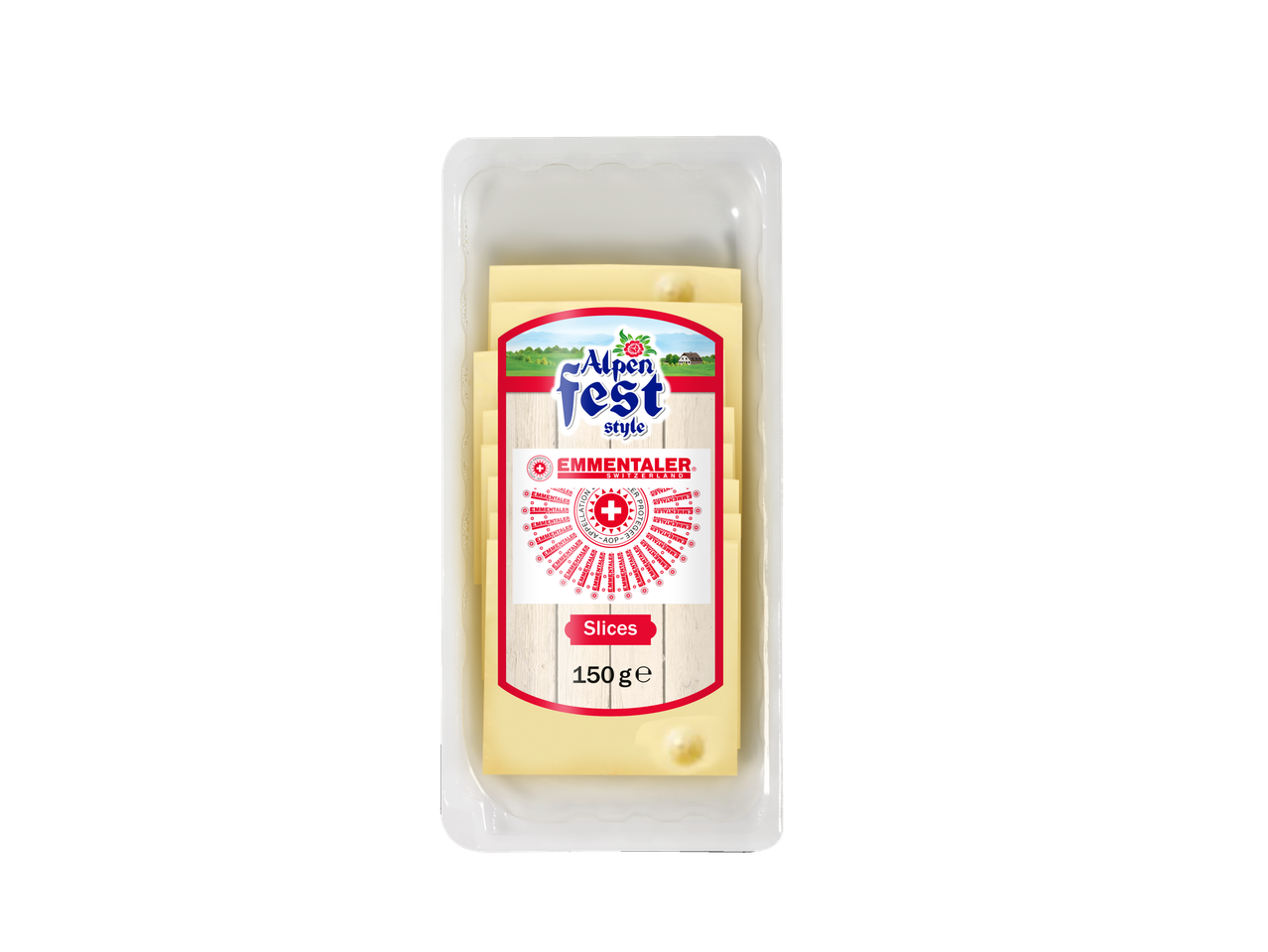 Alpenfest Emmentaler kaasplakken, 150g, in een doorzichtige plastic verpakking.