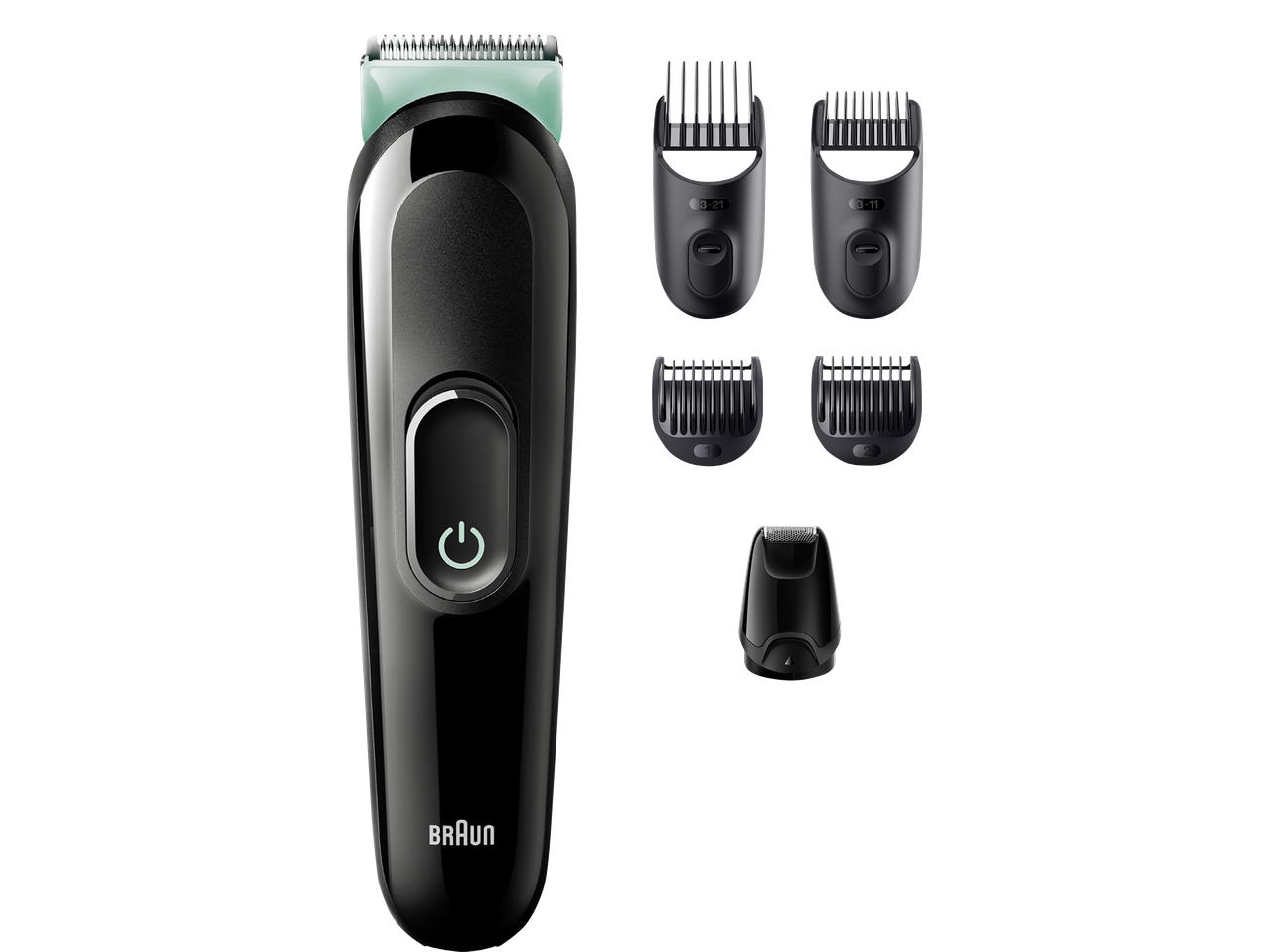 Braun skäggtrimmer med flera kammar och ett litet rakhuvud.