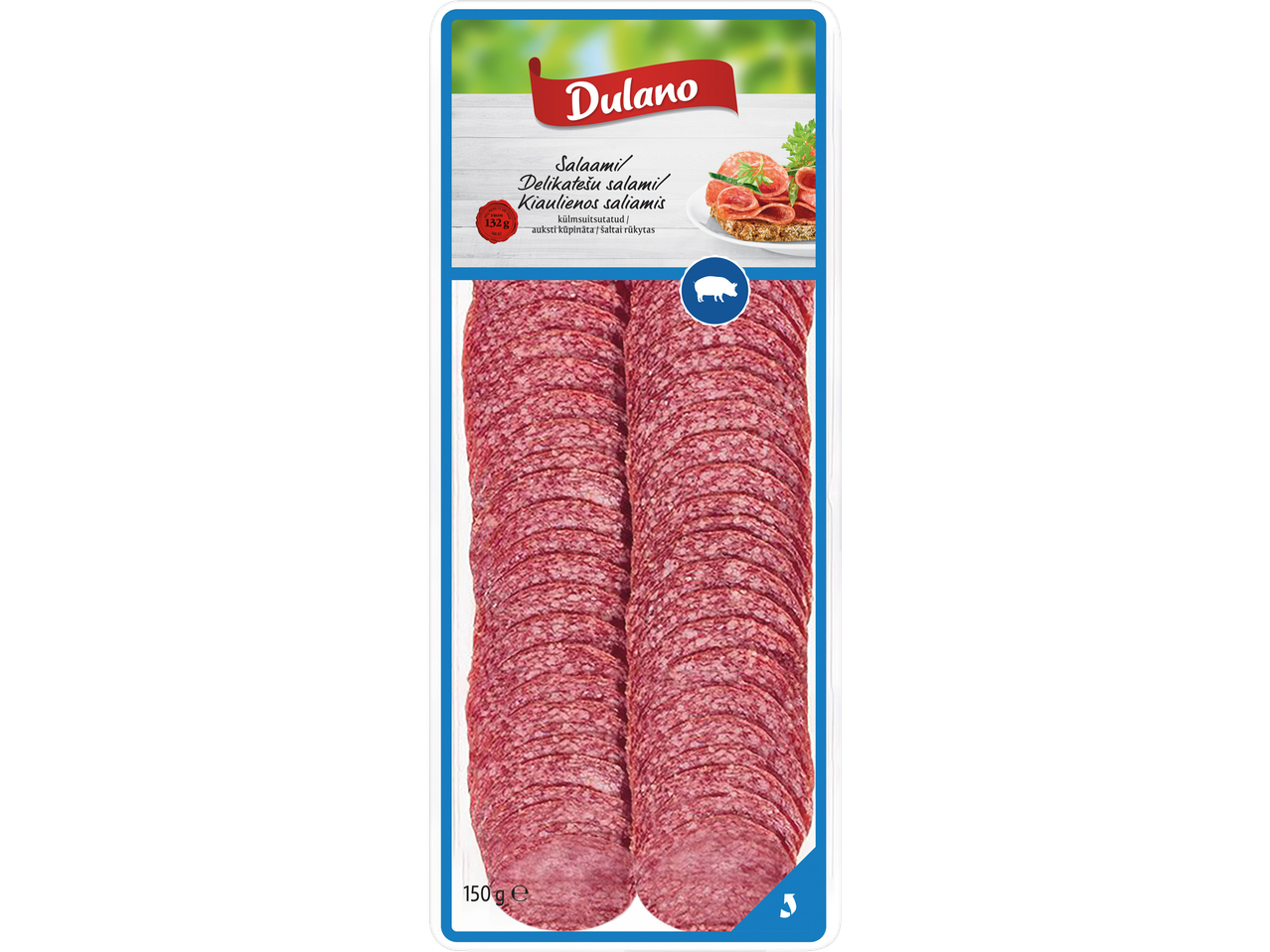 Dulano delikatess-salami, külmsuitsutatud, viilutatud, 150g pakend.