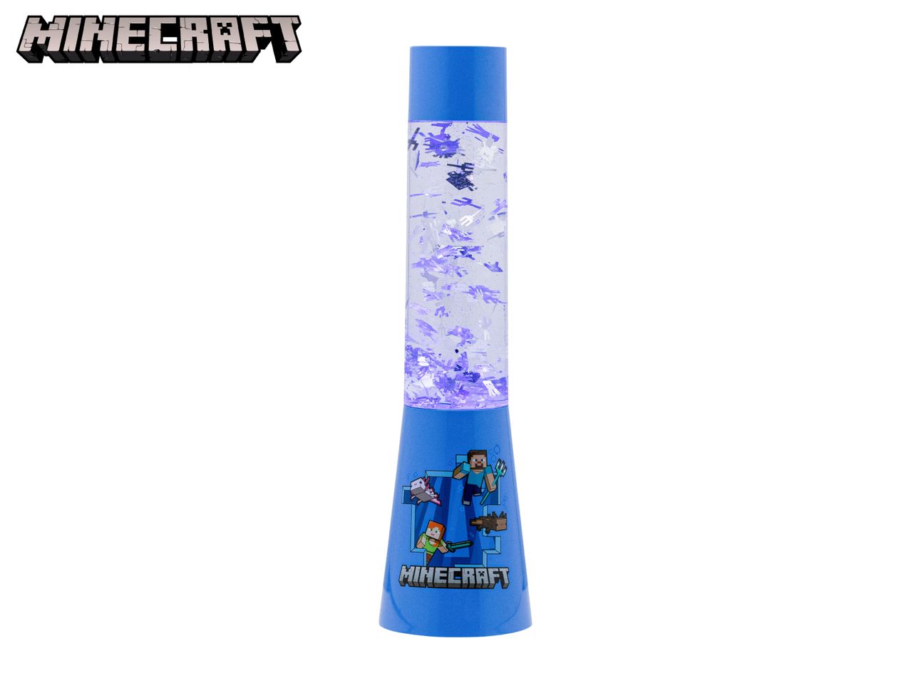 Minecraft-themed glitter lamp with characters and logo on a blue base.