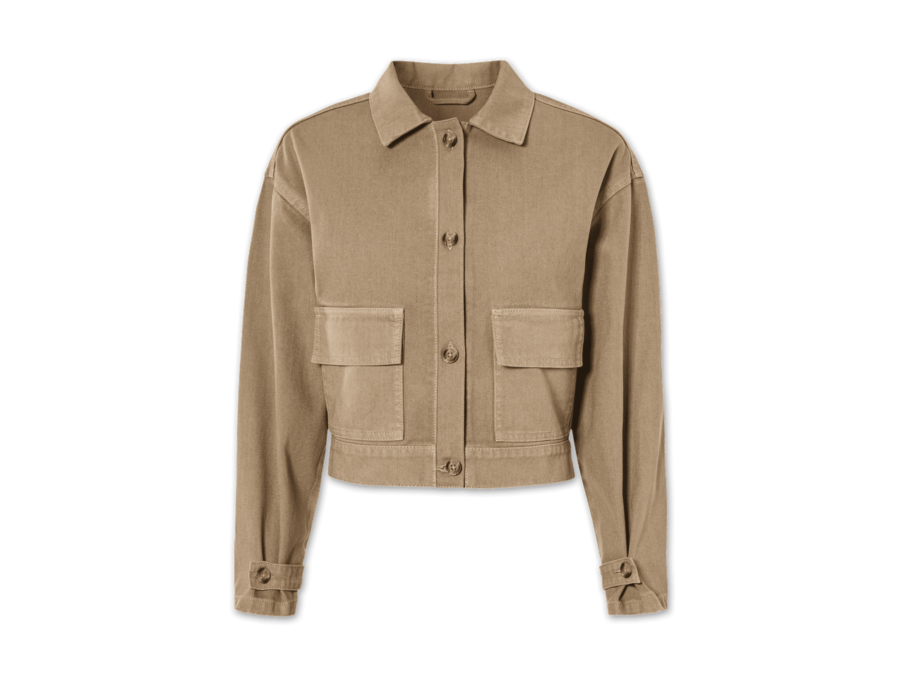 Beige Kurzjacke mit Pattentaschen.