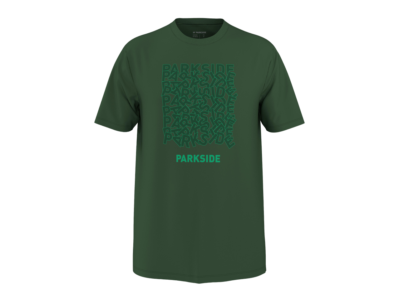 Sötétzöld póló, elöl zöld 'PARKSIDE' feliratokkal, a nyakánál méretcímkével.