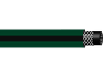 A green garden hose with a black stripe is shown.
