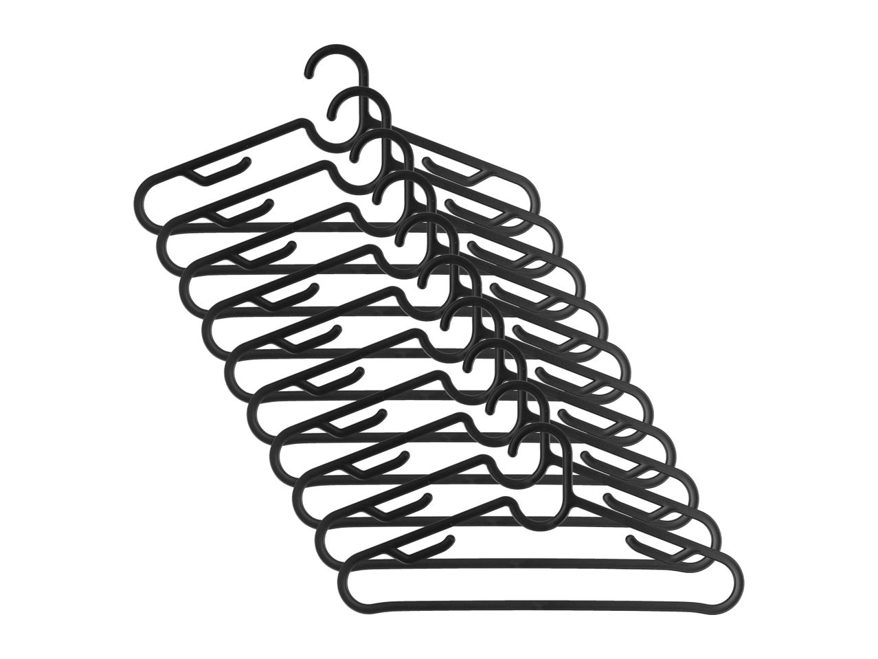 A stack of black plastic clothes hangers, fanned out against a white background.