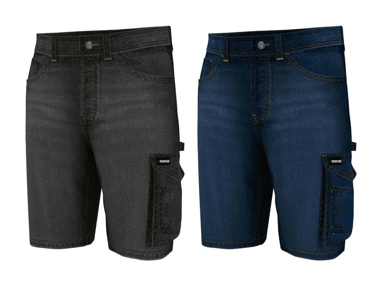 Deux paires de shorts cargo en jean, un gris foncé et un bleu foncé.