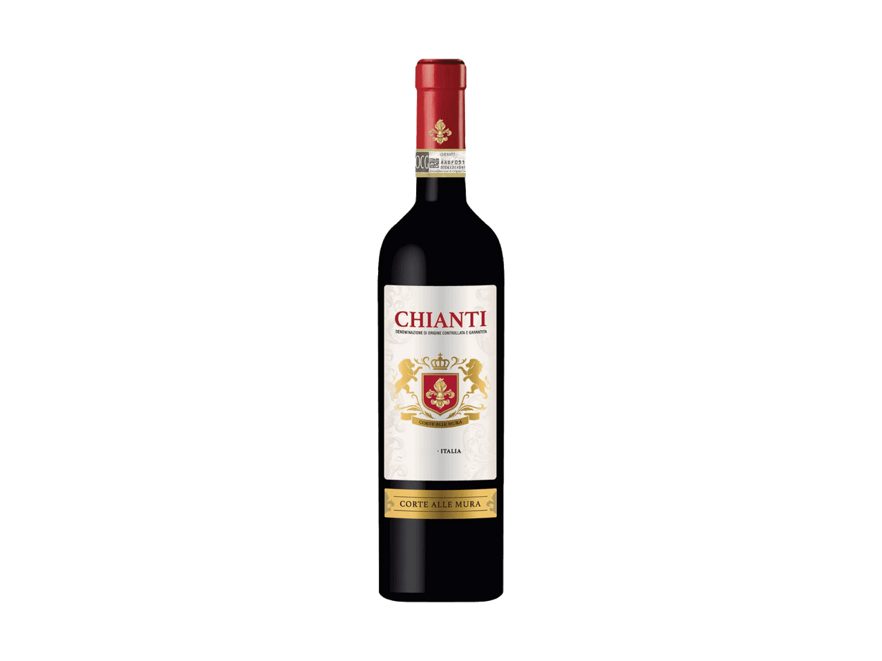 Eine Flasche Chianti Rotwein mit weißem Etikett und goldenem Wappen.
