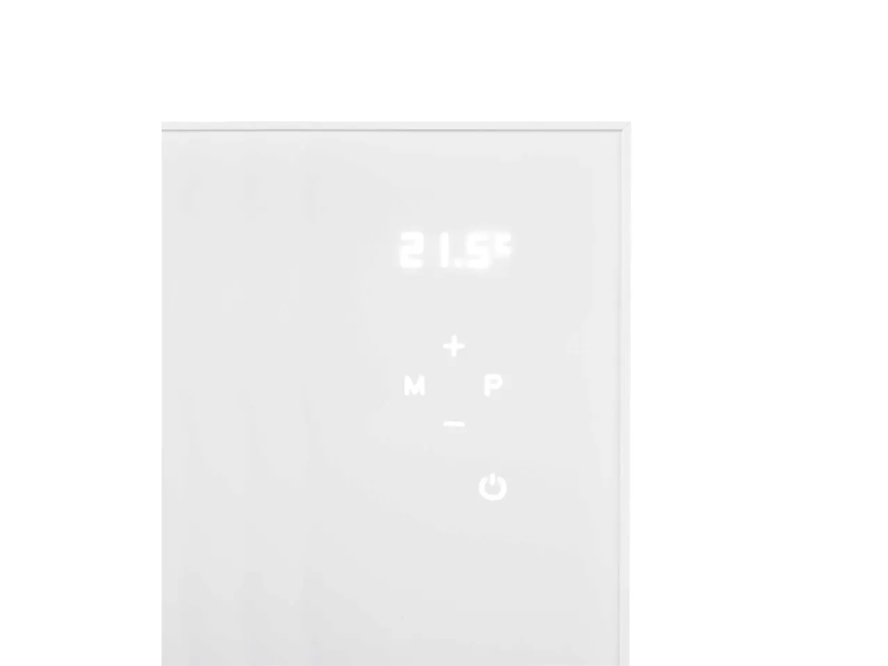 Fehér digitális termosztát kijelzővel és gombokkal.