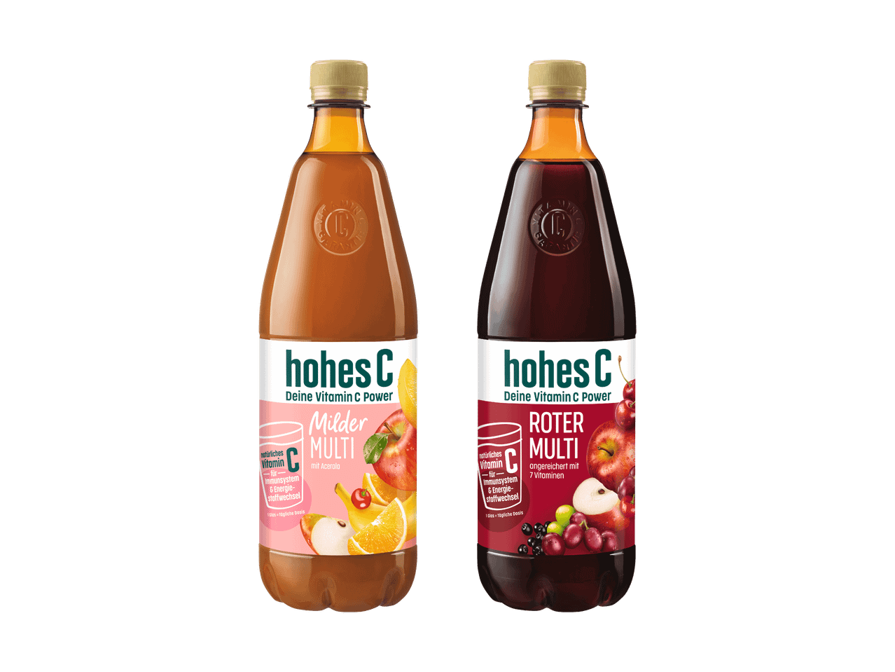 Zwei Flaschen Bio-Fruchtsäfte von Holle: Aprikose-Pfirsich und Apfel-Johannisbeere.