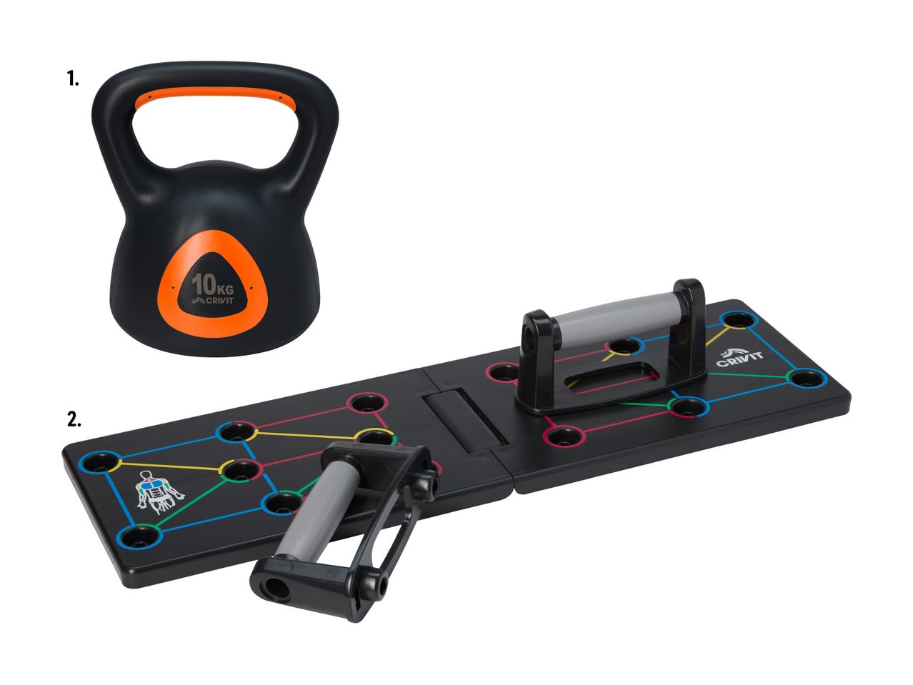 En 10 kg kettlebell og en sammenklappelig push-up board med håndtag.