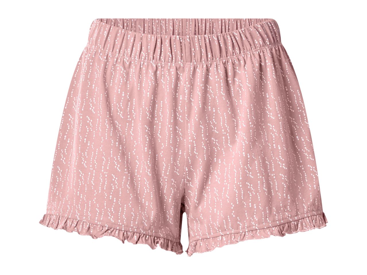 Pink women's shorts with white dotted pattern and ruffled hem.