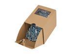 A cardboard box with a clear window showing a pile of screws inside.