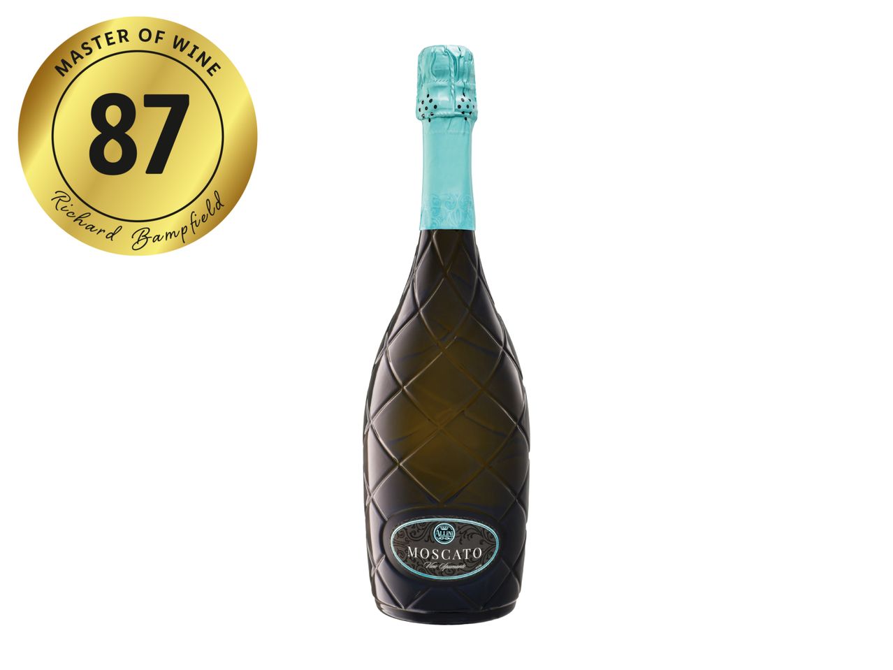 Moscato sparkling wine bottle with a teal foil top and a gold Master of Wine rating of 87.
