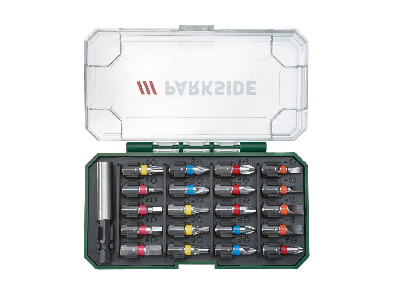 Parkside 20-piece screwdriver bit set in a clear plastic case.