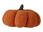 A plush, orange pumpkin decoration with a green stem.