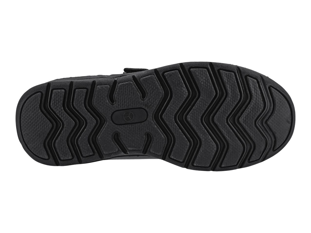 Bottom view of a black children's shoe with a textured sole.