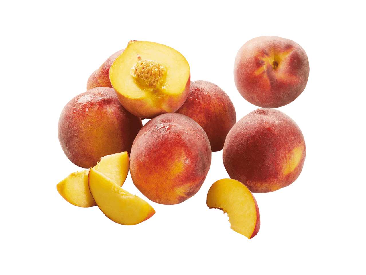 Pêssegos frescos inteiros, cortados ao meio e em fatias, com gotas de água.