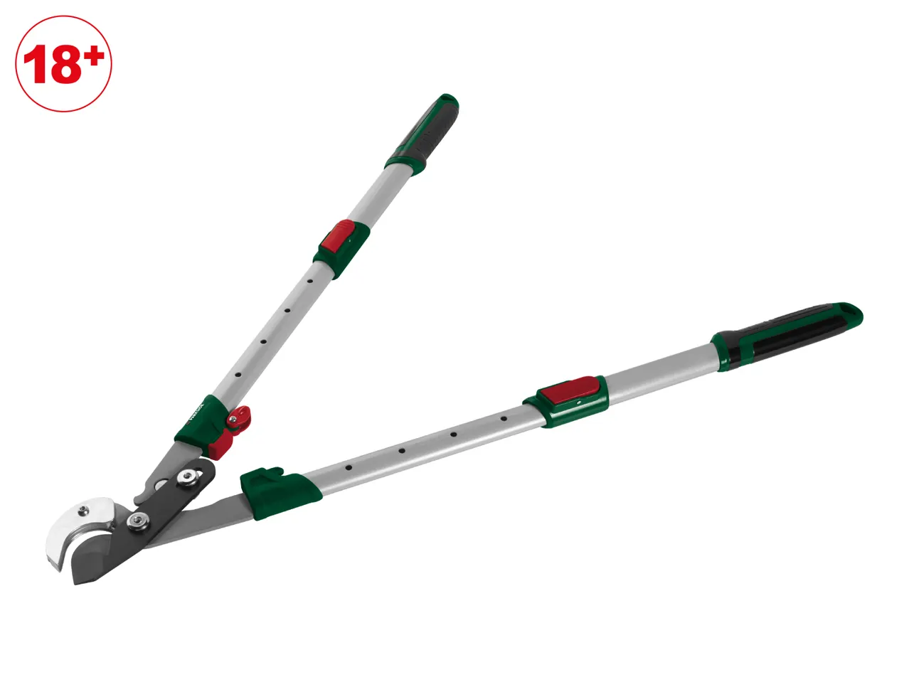 A pair of long-handled bypass loppers with green and black grips, and red adjustment mechanisms.
