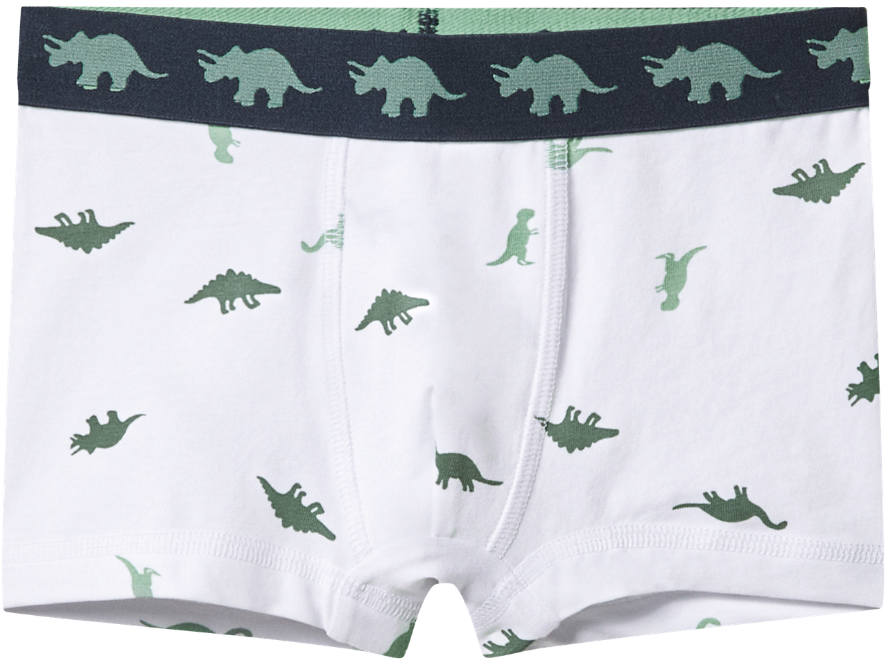 White children's boxer shorts with green dinosaur print and dark green waistband