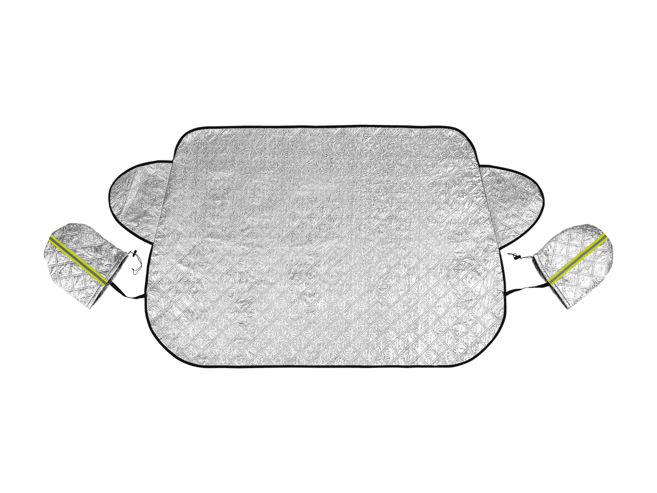 Hopeinen auton tuulilasin suojapeite, jossa on kaksi sivupeilin suojapussia.