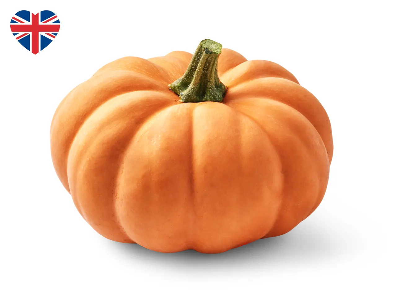 A small orange pumpkin with a green stem and a heart-shaped Union Jack flag.