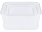 Trei recipiente transparente din plastic, stivuite.