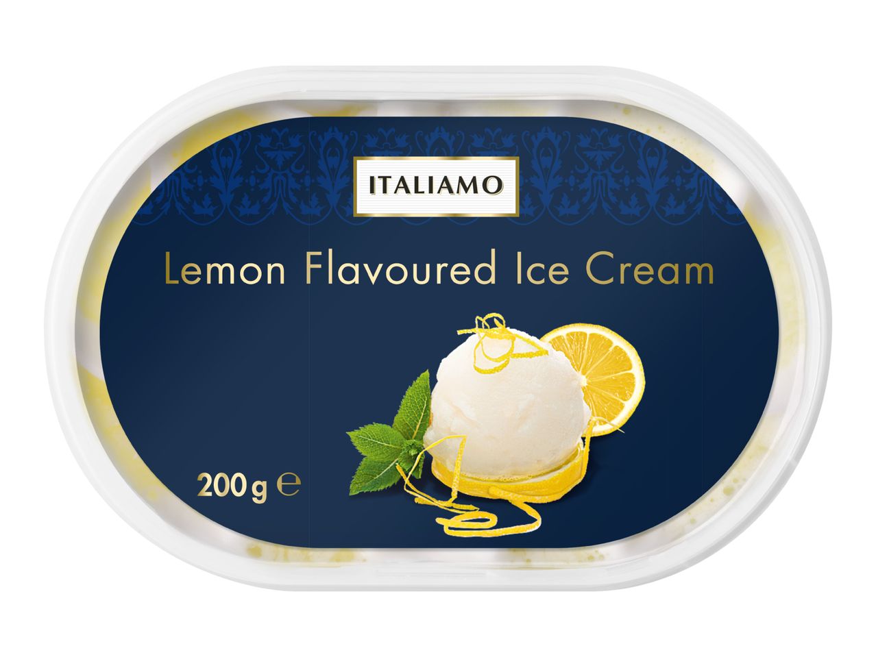Lemon flavoured ice cream tub with a scoop of ice cream, lemon slice, and mint leaves.