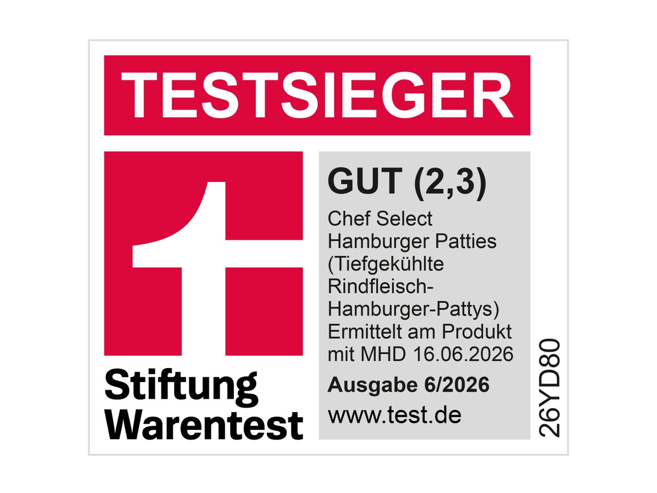 Testsieger-Siegel für tiefgekühlte Rindfleisch-Hamburger-Patties mit der Note GUT (2,3).