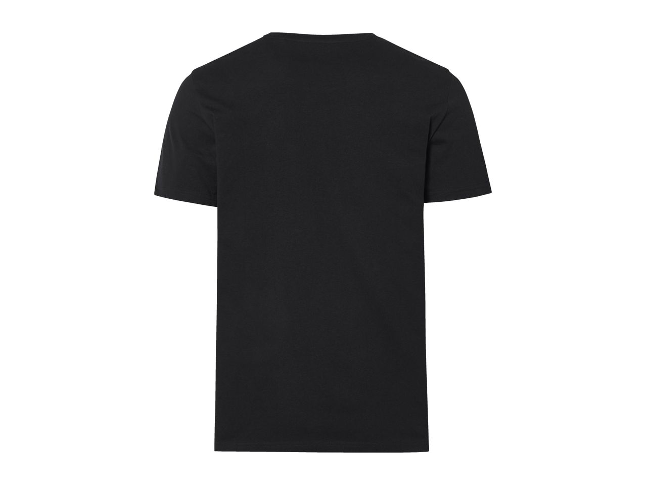 Plain black short-sleeved t-shirt, back view.
