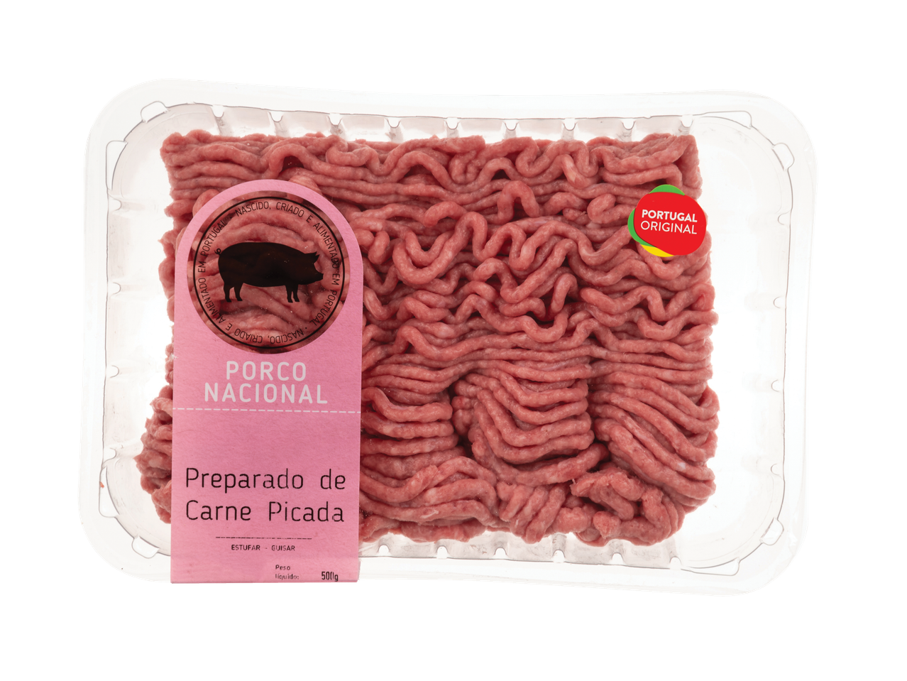 Carne picada de porco nacional, 500g, com selo 'Portugal Original'.