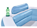 Blue and white inflatable pool with drink holder.