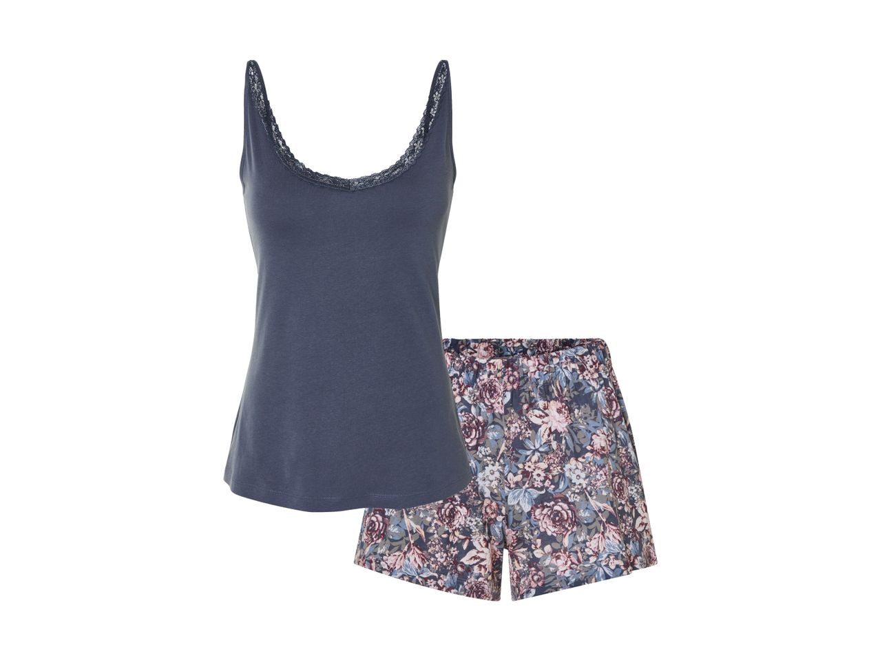 Women's pajama set: a dark blue tank top and patterned shorts.