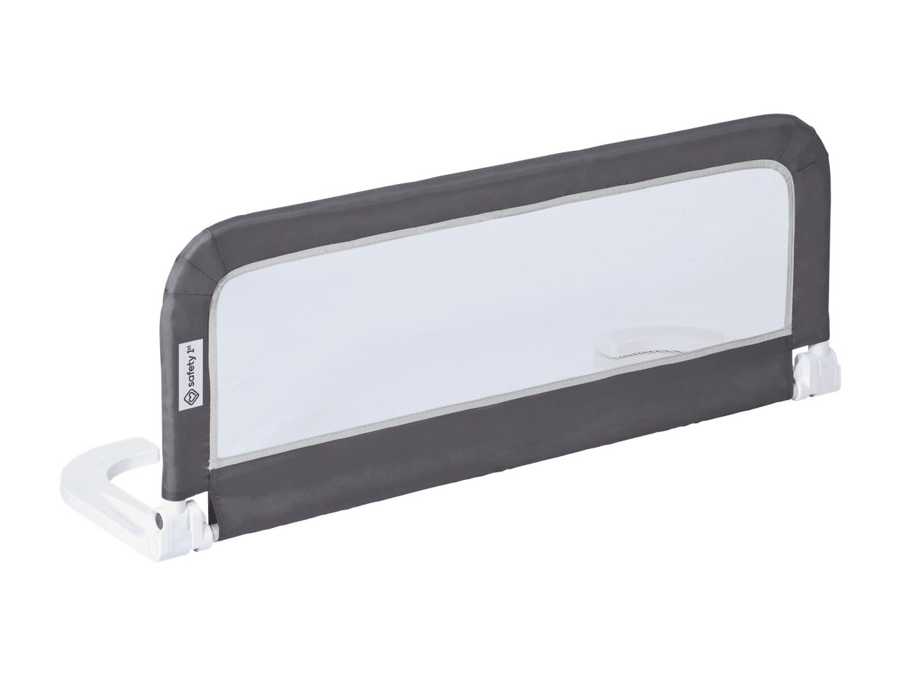 Harmaa sängyn turvalaita valkoisella verkolla ja valkoisilla kiinnikkeillä.