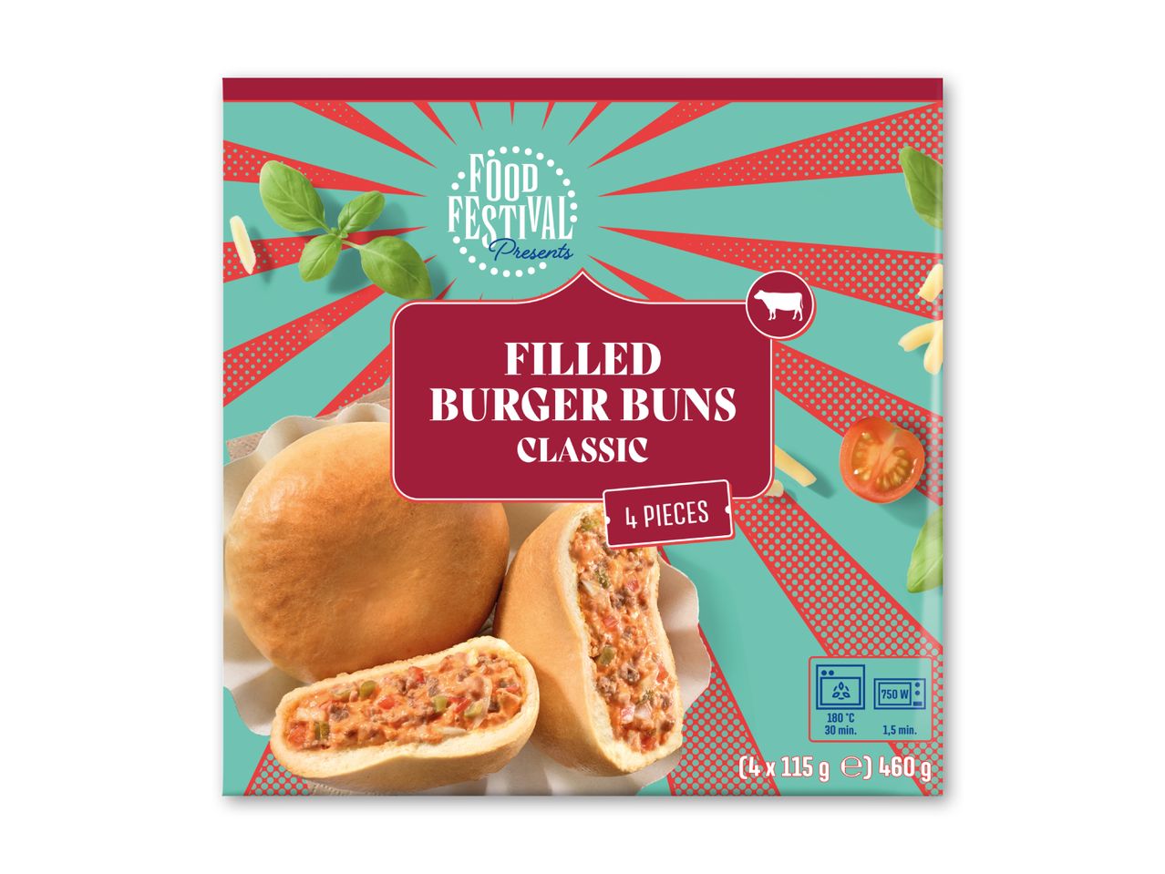 Fyldte burgerboller med kød, grøntsager og ost, klar til ovn eller mikroovn.