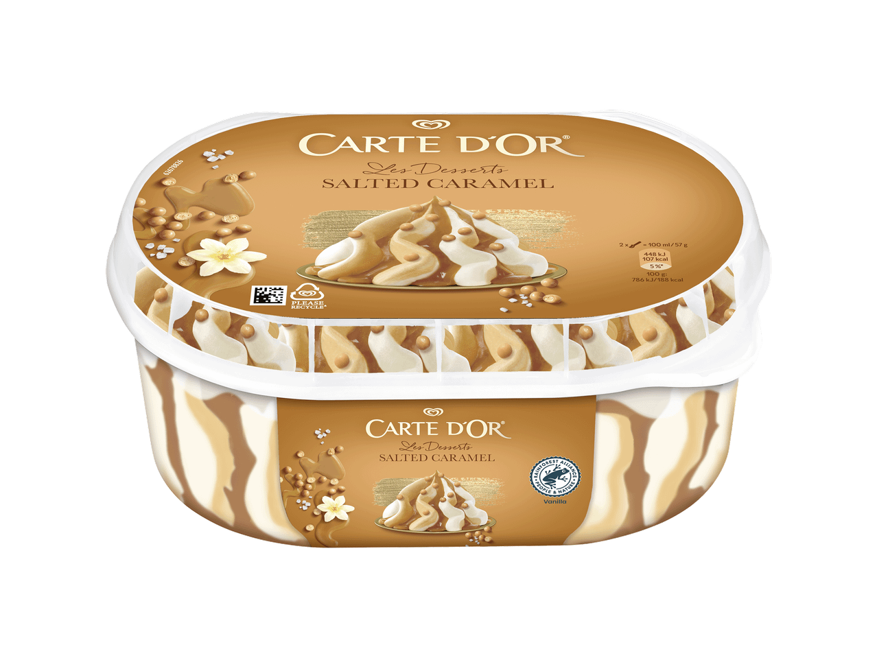 Gelado de caramelo salgado com molho de caramelo e pedaços de caramelo.