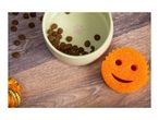 Pet food in a bowl with a paw print, scattered kibble, and a smiling sponge.