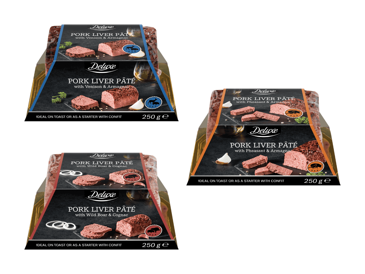 Drei Packungen Schweineleberpaté in verschiedenen Geschmacksrichtungen à 250 g.
