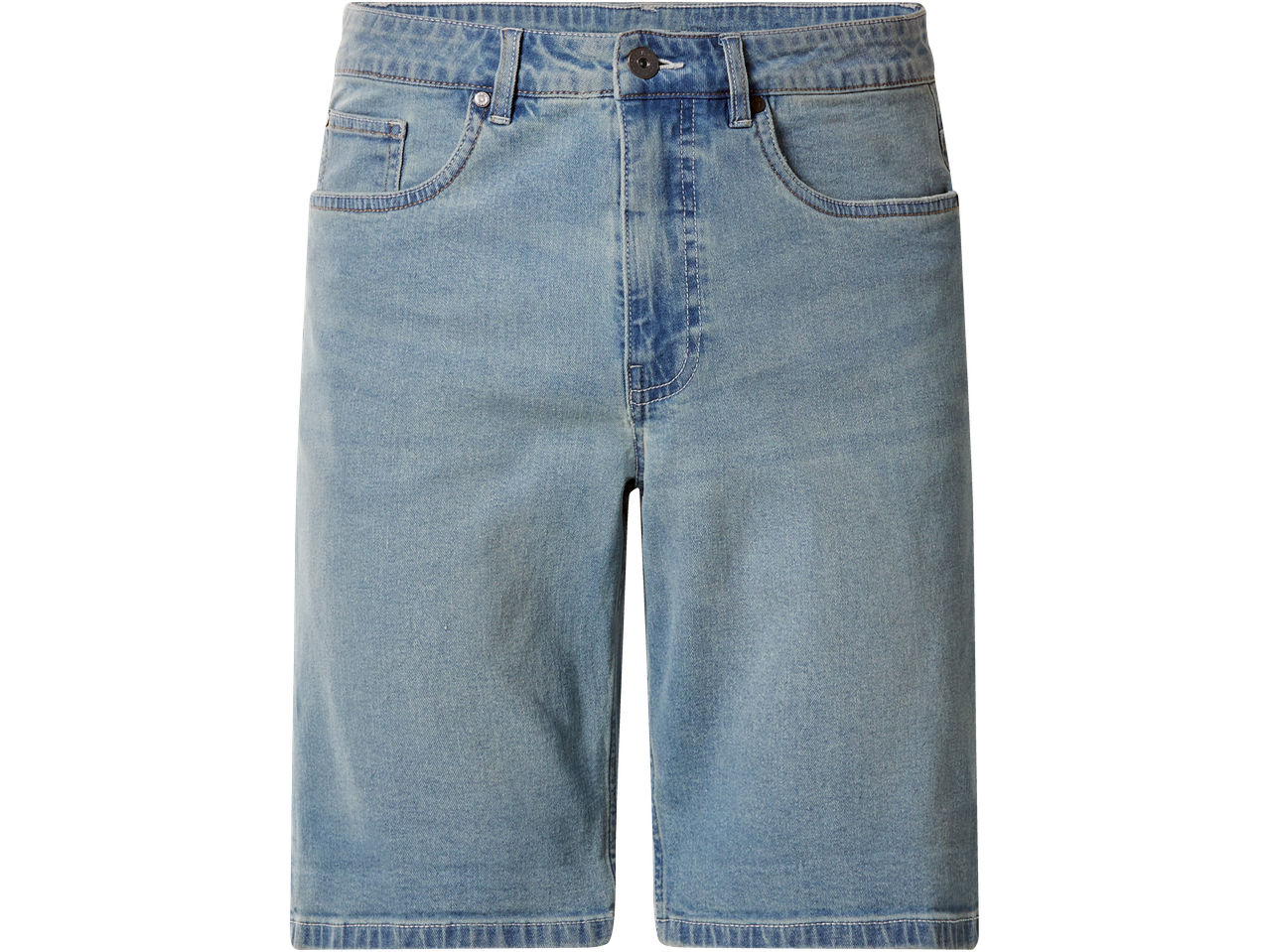 Short en jean bleu clair avec poches avant et fermeture boutonnée.