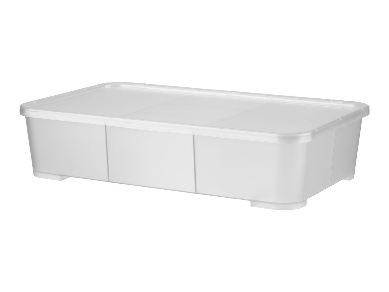 A white plastic storage bin with a lid.