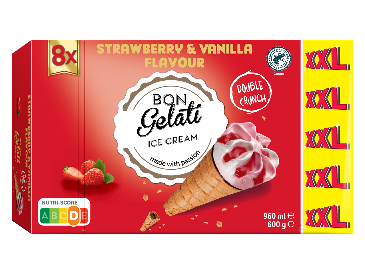 Gelado Bon Gelati XXL: sabor morango e baunilha, duplo crocante.