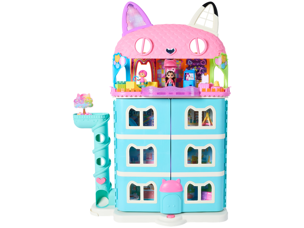 Gabby lėlių namelis katės formos, rožinis ir mėlynas, su figūrėlėmis ir priedais.
