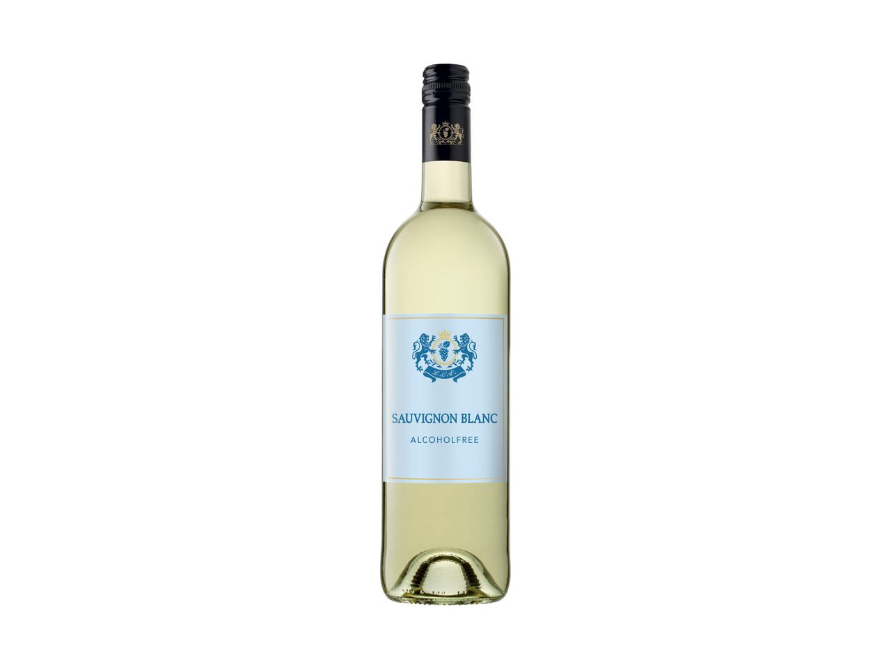 Butelis bealkoholnio Sauvignon Blanc.