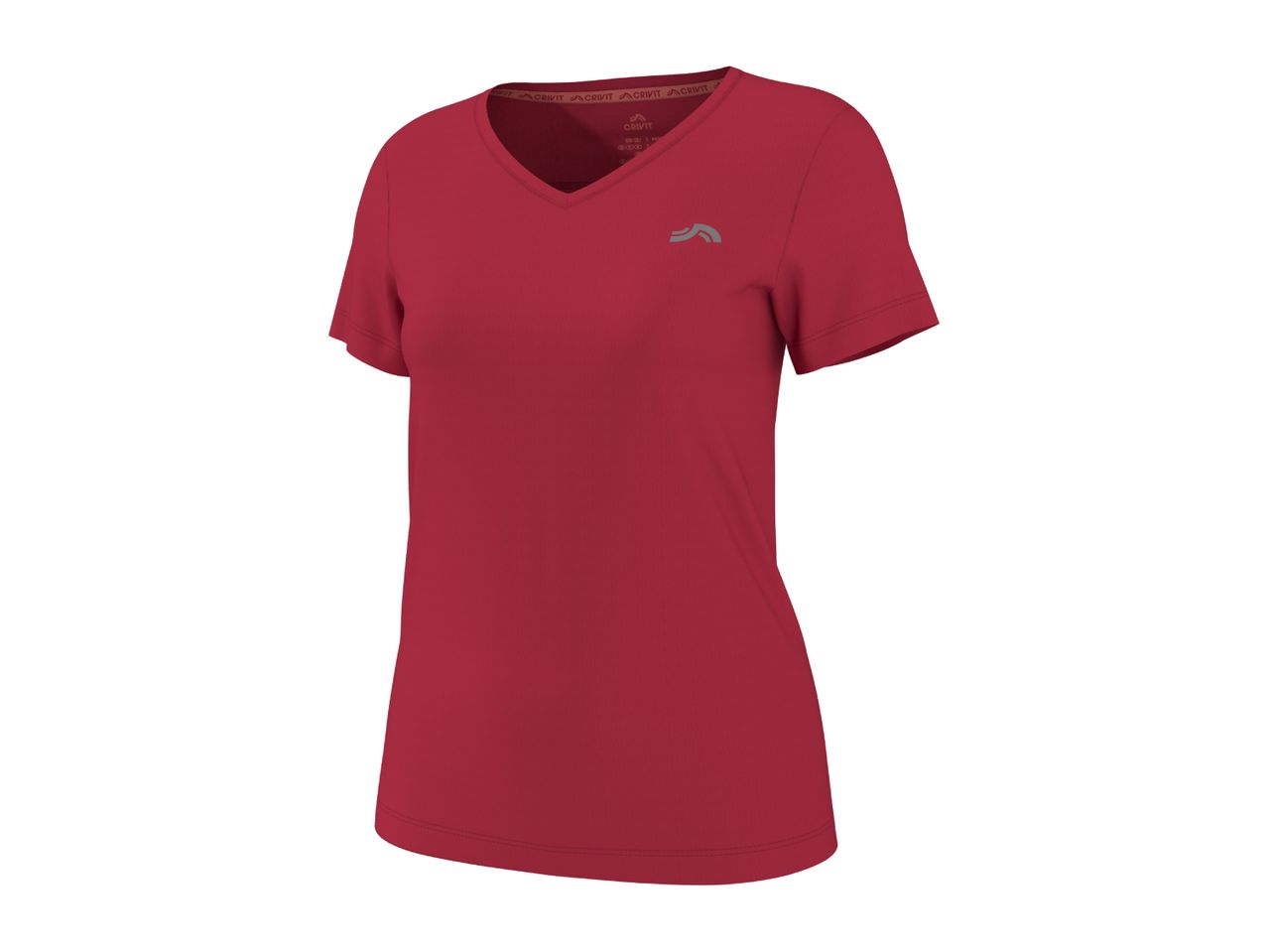 Red women's V-neck sports t-shirt with short sleeves and a small logo on the chest.