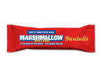 Rød proteinbar med teksten 'Marshmallow Rocky Road', 17 gram protein, ingen tilsat sukker.
