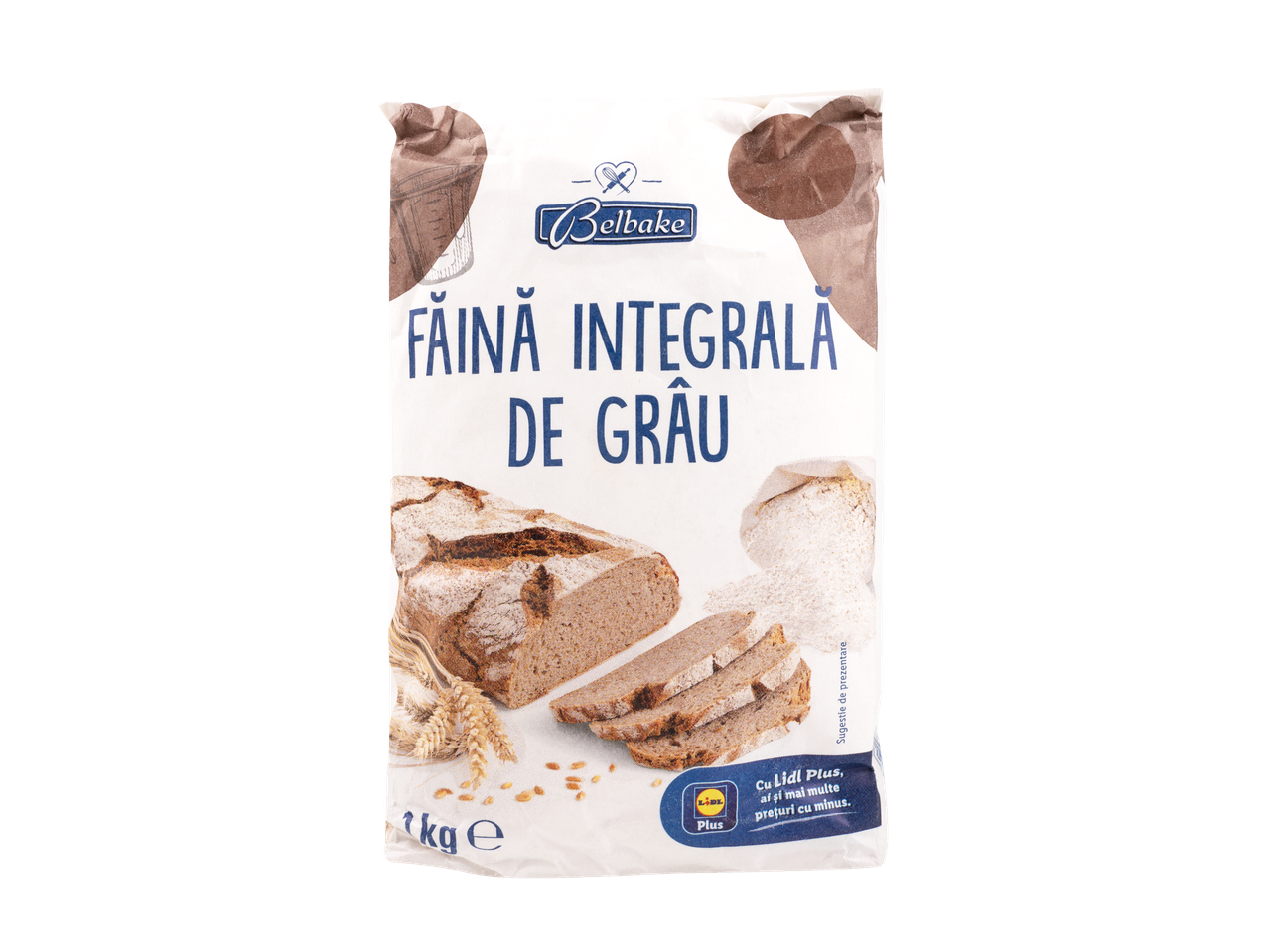 O pungă de făină integrală Belbake, cu pâine feliată și grâu.
