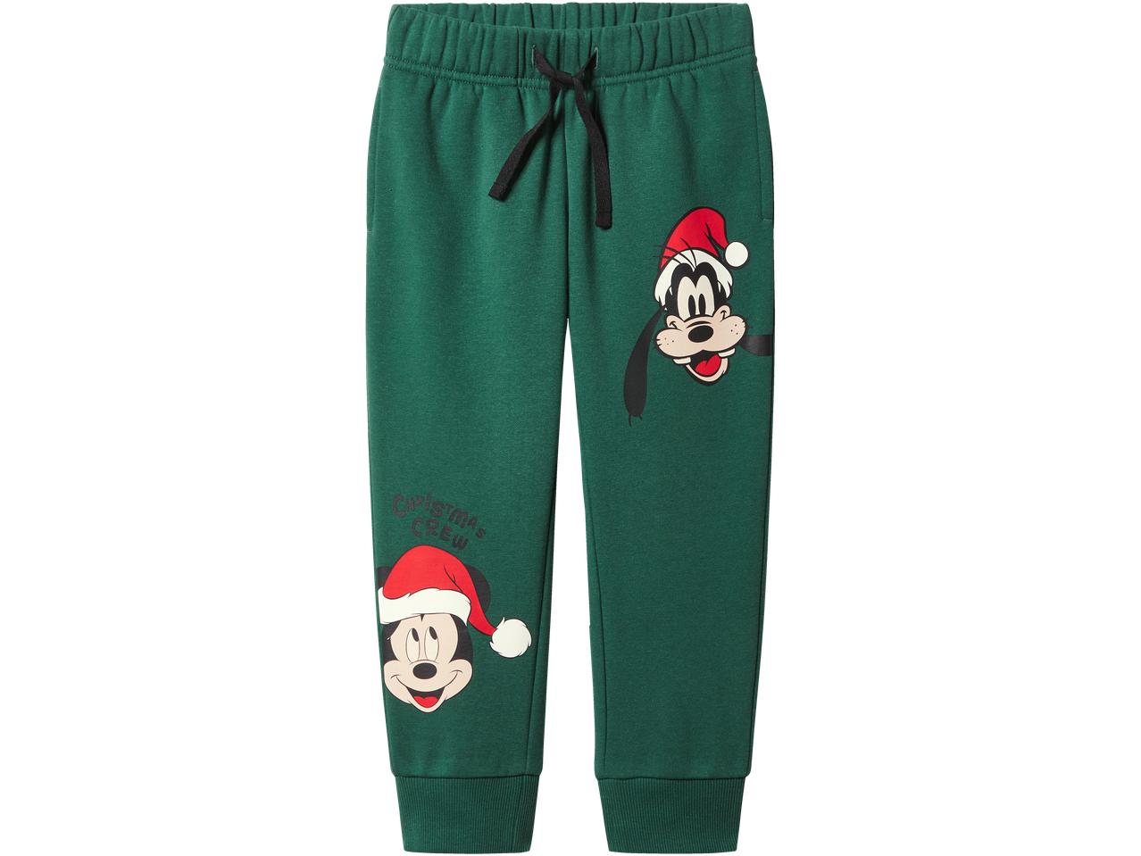 Žalios sportinės kelnės su kalėdiniais Mikio ir Gufio personažais bei užrašu „Christmas Crew“.