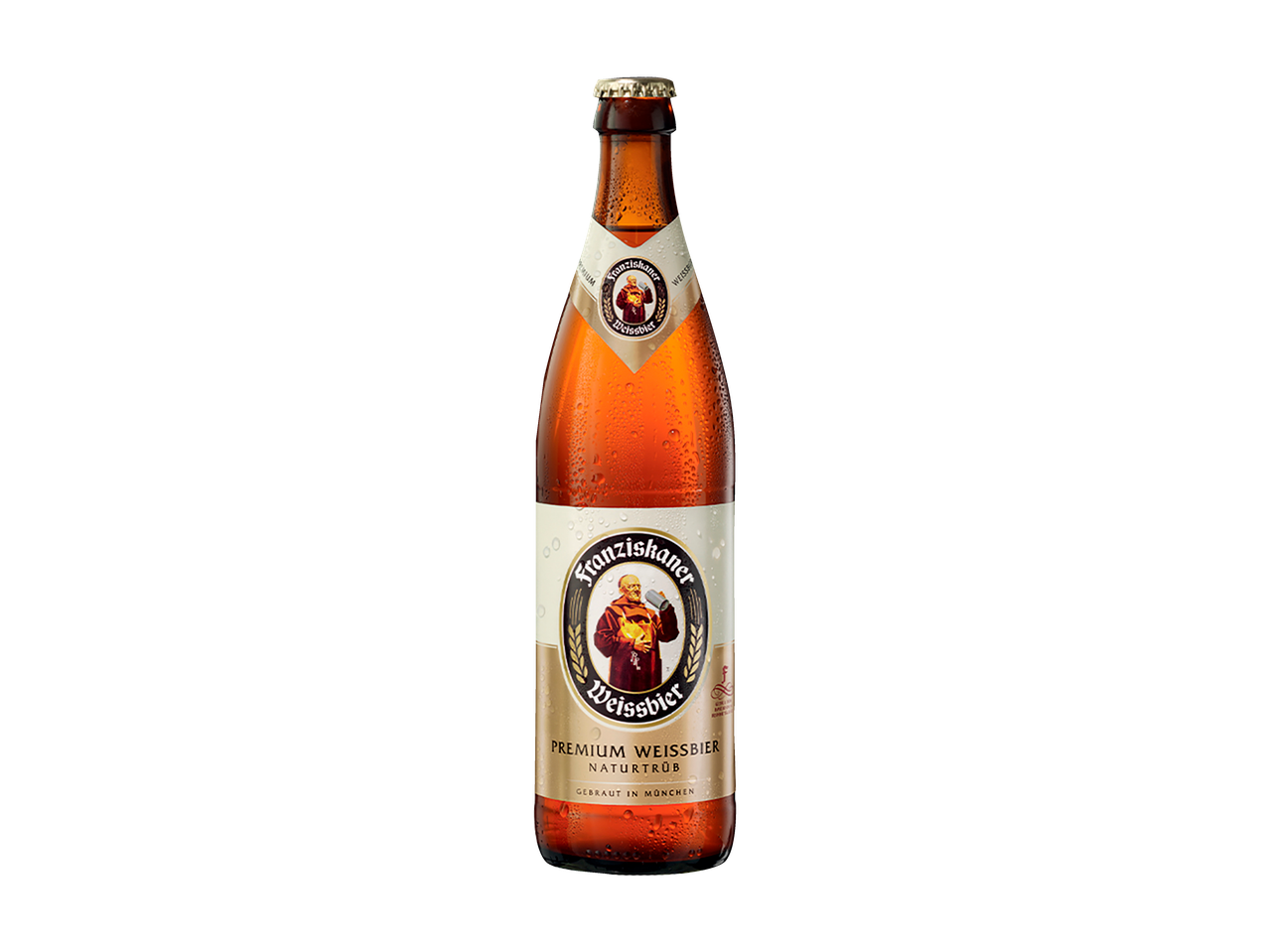 Franziskaner Weissbier, uma cerveja de trigo turva premium, numa garrafa com condensação.