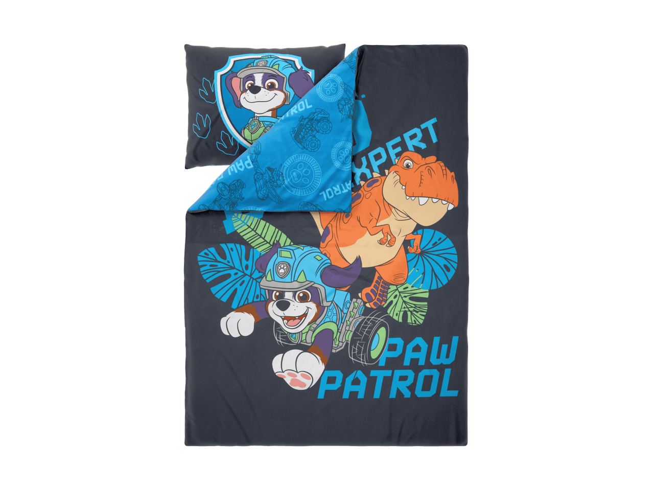 Mørkegråt sengesæt med en hund i en hjelm, en orange dinosaur og teksten 'PAW PATROL'.