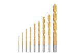 A set of ten golden drill bits of varying sizes, arranged from smallest to largest.