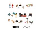 A collection of miniature dollhouse furniture and figures, including living room, bedroom, kitchen, and bathroom sets.