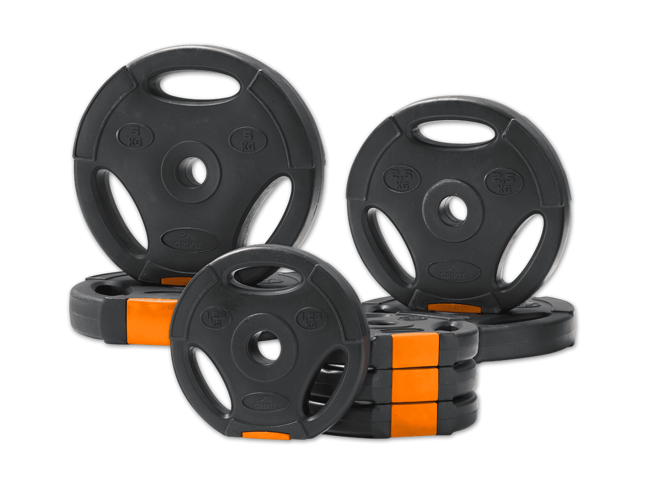 Hantelscheiben-Set von Crivit in Schwarz und Orange, mit Gewichten von 1,25 kg, 2,5 kg und 5 kg